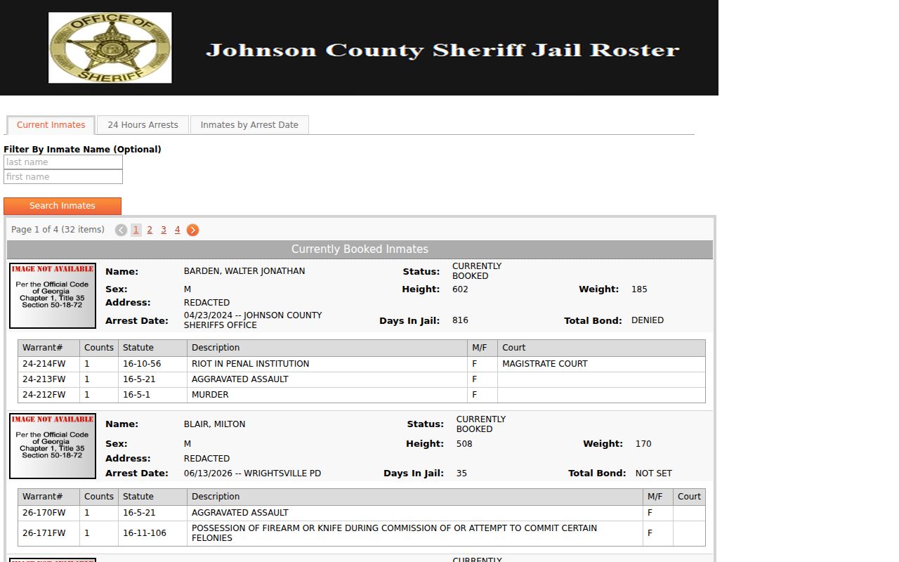 Johnson County arrest and booking roster interface