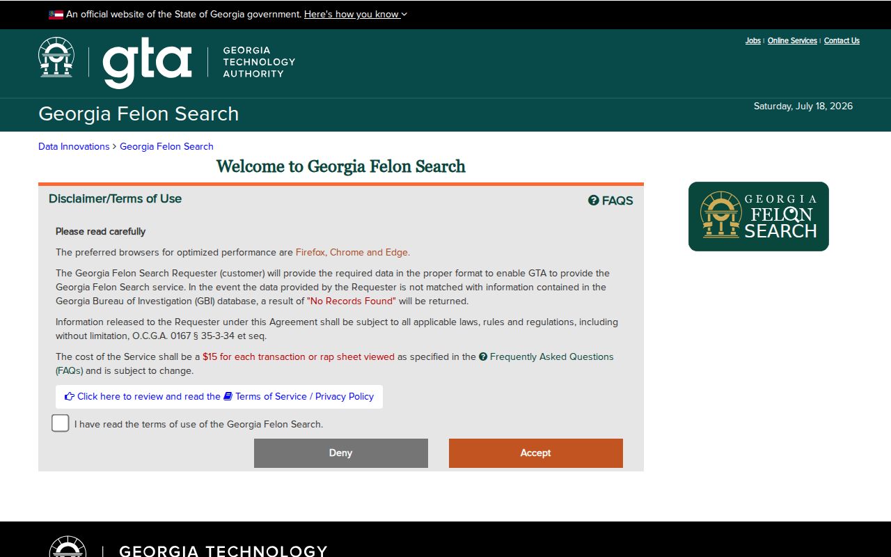 Georgia felony form fields for a Johnson County criminal record search